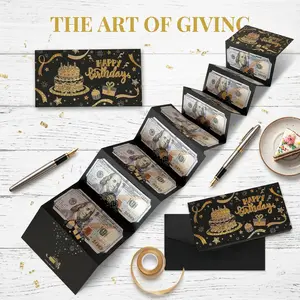 Happy Birthday Money Holder Card, Black Gold Glitter Birthday Cash Gift Envelope with 6 Pockets, Creative Surprise Birthday Money Gift for Men Women Kids Teens, Unique Birthday Present for Birthday Party Decor