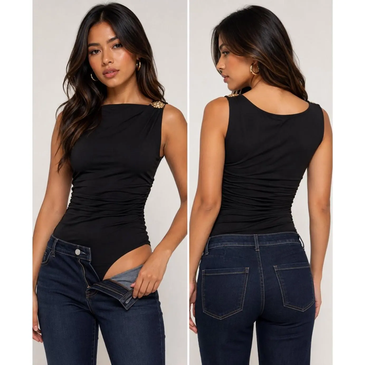 Gilded Shimmer Asymmetric Bodysuit - Sleeveless with Metallic Gold Embellishment & Soft Ruching for a Polished Look
