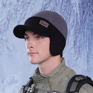 Unisex Winter Beanie Hat with Visor Ear Flaps Fleece Lined Thermal Knit Skull Cap for Outdoor Activities Skiing Snowboarding Hiking Cold Weather Warm Windproof Cap(Sheets)