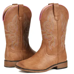 FIORALIE Color Block Leather Cowgirl Boots for Women Square Toe – Mid Calf ladies Western Cowboy Boots with Embroidery, Low Chunky Heel & Pull On Design. Wide Calf Friendly, Perfect for Country Concert, Rodeo, riding,Daily Outfits, Dancing