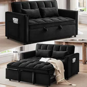 55" Sleeper Sofa, 3 in 1 Convertible Sofa Bed & Pull Out Couch, Modern Velvet Loveseat with Adjustable Backrest, Side Storage Pocket & 2 Pillows for Apartment Living Room, Black