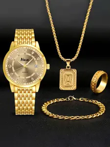4pcs Roman Numerals Diamond Watch Set, Jewelry Watch Set, Elegant Jewelry Set, Silver Color Necklace Ring Bracelet, Perfect Gift for Men, Ideal for Holidays and Special Occasions