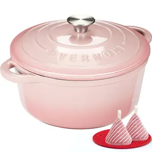 Overmont Pink Enameled Cast Iron Cooking Pot with Lid – Heavy-Duty Dutch Oven for Stews, Braised Dishes, Oven Baking & One-Pot Meals, Includes Recipe Book & Cotton Potholders