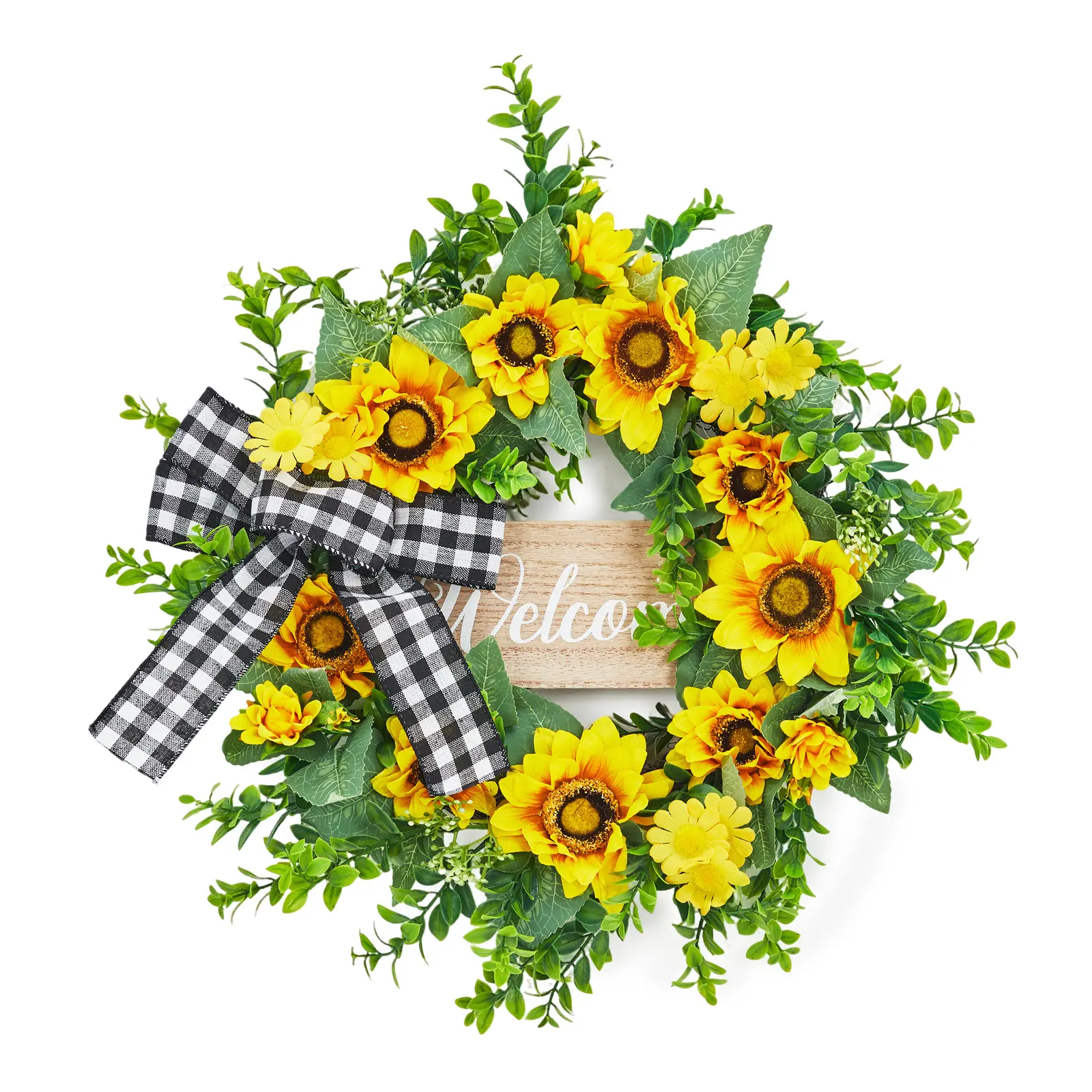 Sunflowers Wreath for Front Door, 20" Spring Summer Wreaths with Yellow Blooms and Bow, Welcome Sign Wreath for Farmhouse Indoor Outdoor Porch Wall Wedding Decor