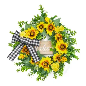 Rustic Welcome Golden Blossom Wreath - 20 Inch Artificial Yellow Flowers, Buffalo Plaid Bow, Wooden Sign - Farmhouse Decor for Front Door, Porch, Wall, or Window - Home Decoration