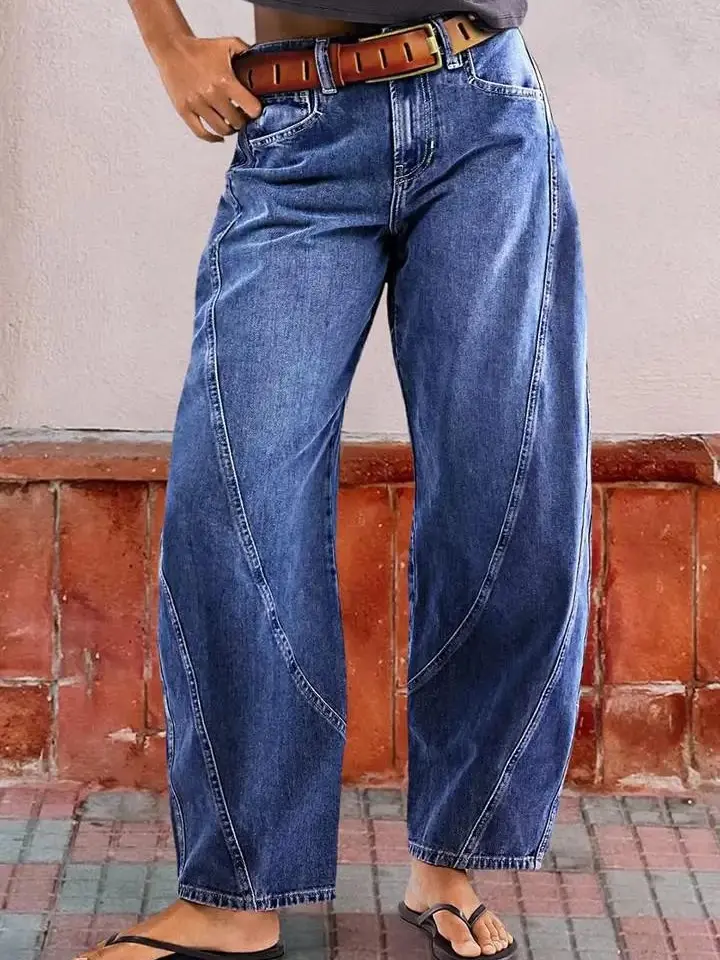 Women's High Rise Barrel Jeans, Trendy Wide Leg Baggy Cropped Ankle Length Stretch Denim Trousers with Functional Pockets, Machine Washable, Bottoms, Casual, Cropped Jeans, Whiskered Look, Beach, Wide Barrel Legs, Streetwear, Elastane, Lady, Zip-Fly Closu