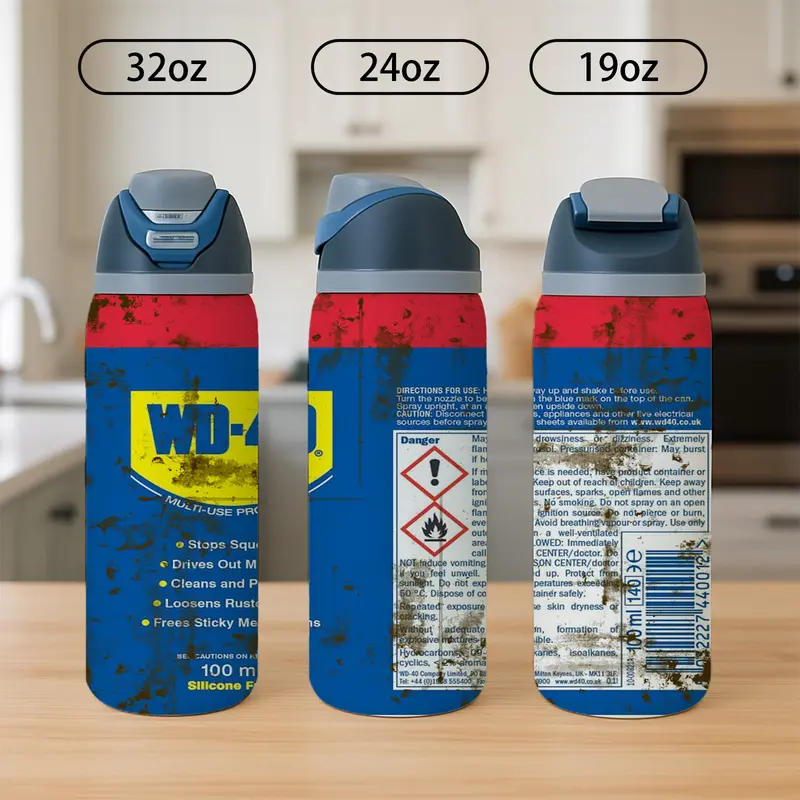 Auracup 1 Count 19/24/32oz Stainless Steel Insulated Mug, Funny WD-40 Oil Can Design with Lid and Straw, Great for Garage, Workshop or Auto Shop, Unique Gift for Dad or Mechanic, Themed Event Decoration, Party Props, Thank You Present