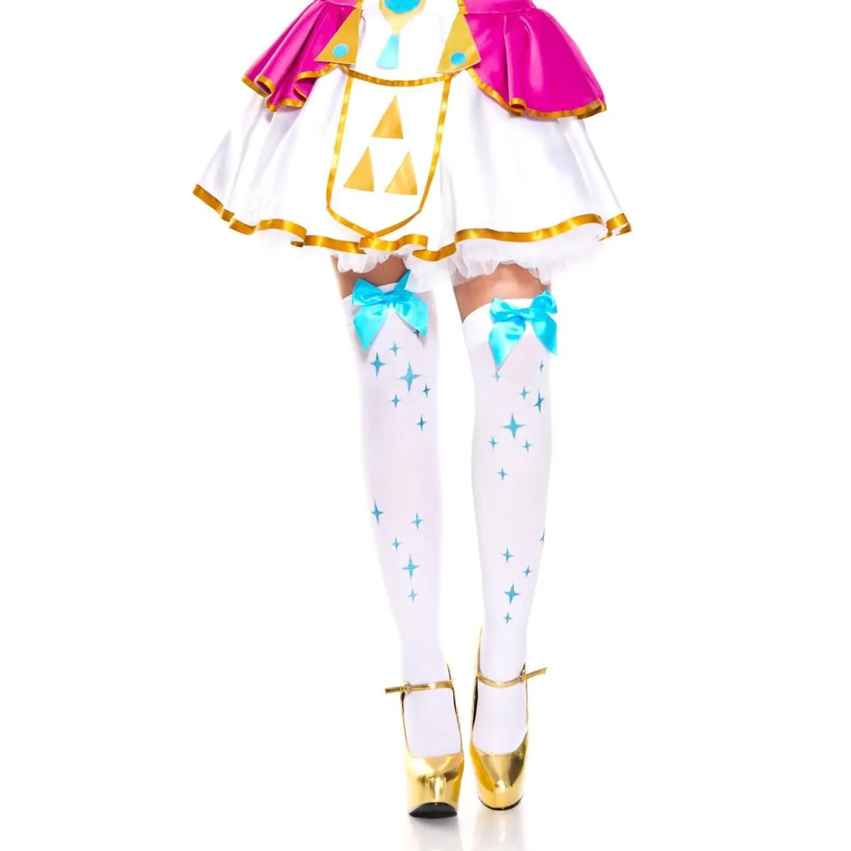Music Legs 4664-WHITE-TUR Star Print with Satin Bow Thigh High Stockings, White & Turquoise