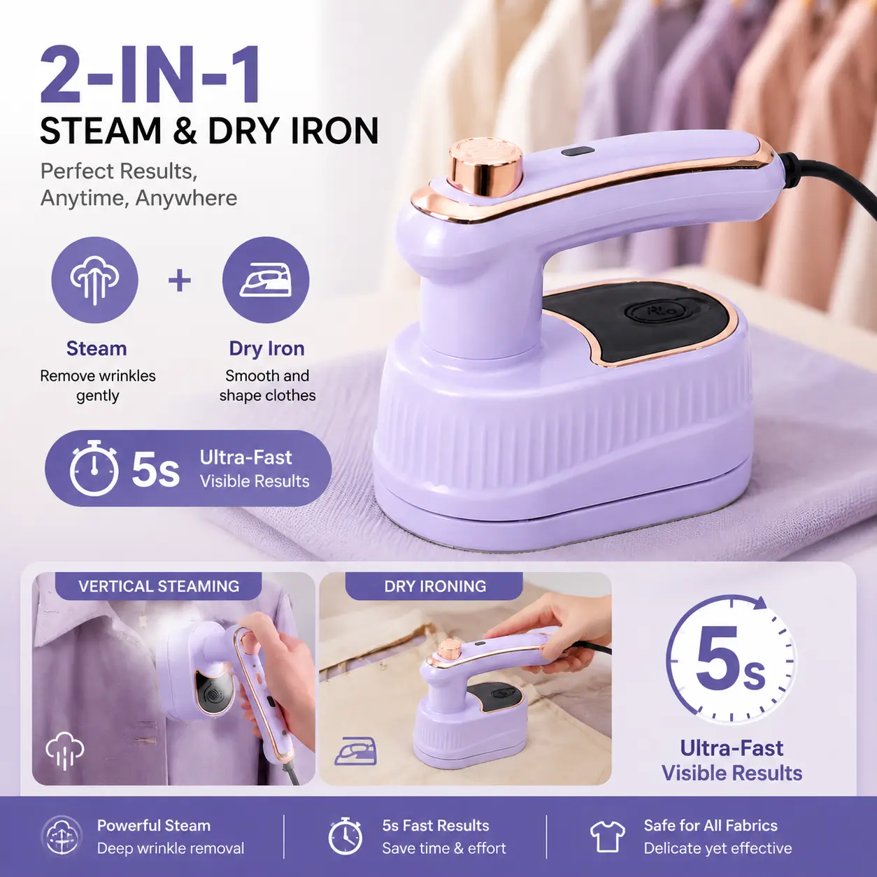 2-in-1 Mini Travel Steamer Iron for Clothes, Portable Fast-Heating Garment Steamer with 90° Swivel Handle, Compact Handheld Steam Iron for Travel, Dorm, Home & Gifts