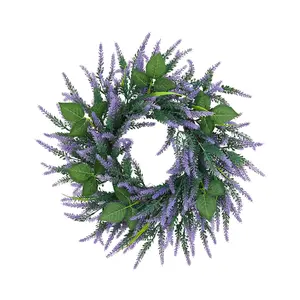 20 Inch Handmade Rattan Base Wreath, Spring Onion Grass Wildflower Lavender Design, Rustic Farmhouse Style for Easter, Household and Wedding Decoration