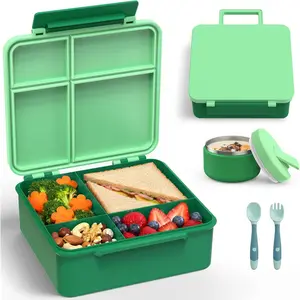 Bento Lunch Box  with 8oz Soup Thermo, Leak-Proof Lunch Containers with 4 Compartment, Thermo Hot  Jar and Insulated Lunch Box for School Green