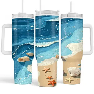 Beach Art Ocean Wave Tumbler, 40oz Stainless Steel Insulated Travel Mug with Handle, Seashell and Starfish Coastal Design Drinkware, Perfect for Beach Trips, Summer Vacation and Outdoor Use