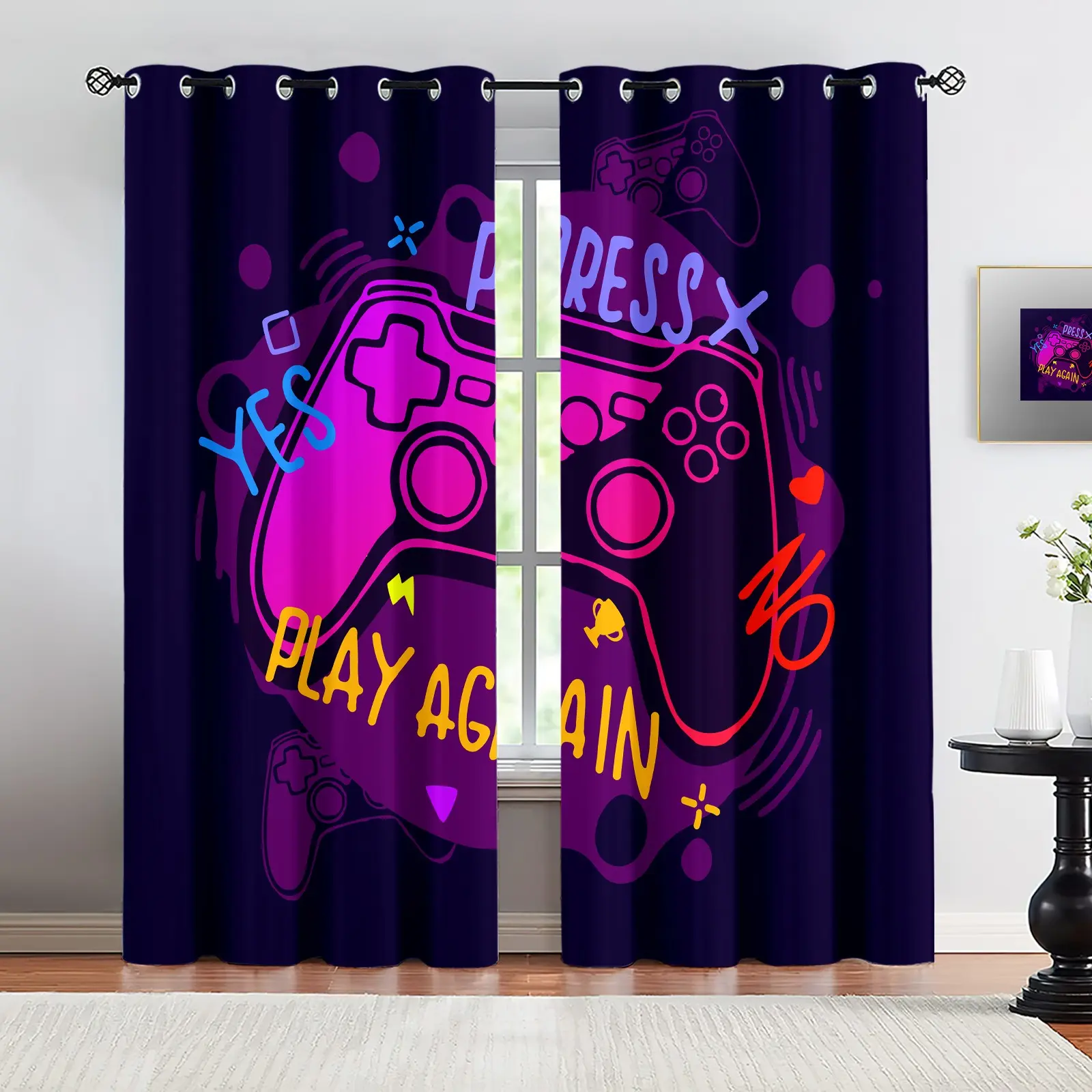 2 Panels Neon Game Controller Lightning Curtains, Cool Gamer Print Curtains, Modern Cyberpunk, Trendy Gaming Style, Darkening Window Treatments with Grommet Top, For Boys Teens Gamers Bedroom Game Room & Living Room