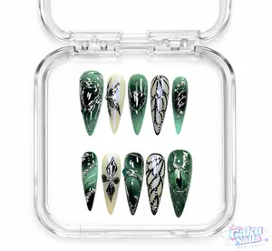 GakuNails VERDANT VEIN 10 PCS Stilettos Handmade Press On Nails Builder Gel Enhanced Silver Lining Butterfly Wing Flower Print Majestic Luxurious selectable size Reusable