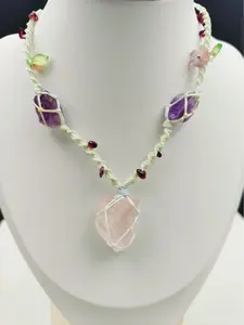 Natural Quartz Rock Stone and Crystal Pendant Handmade Braided Macrame Necklace