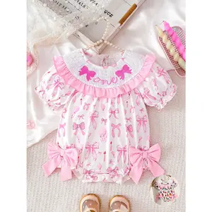 6-18M Baby Girls Bow Print Short Sleeve Bodysuit "One" Smocked Collar Bodysuit with Side Bows for First Birthday C492