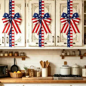 2pcs American Independence Day Bowknots, 100cm Star-Spangled Ribbon, Cabinet Door Window Decor, Patriotic Party Supplies