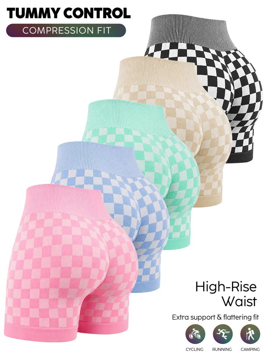 Women's 5-Pack Biker Shorts - High Rise Fitted Activewear Bottoms, Above the Knee Quick Dry Nylon for Workout & Lounge, Sporty Chic, Casual, Checkered, Synthetics, Biking, M, Checkered Print, Gifting, Vibrant Checkered