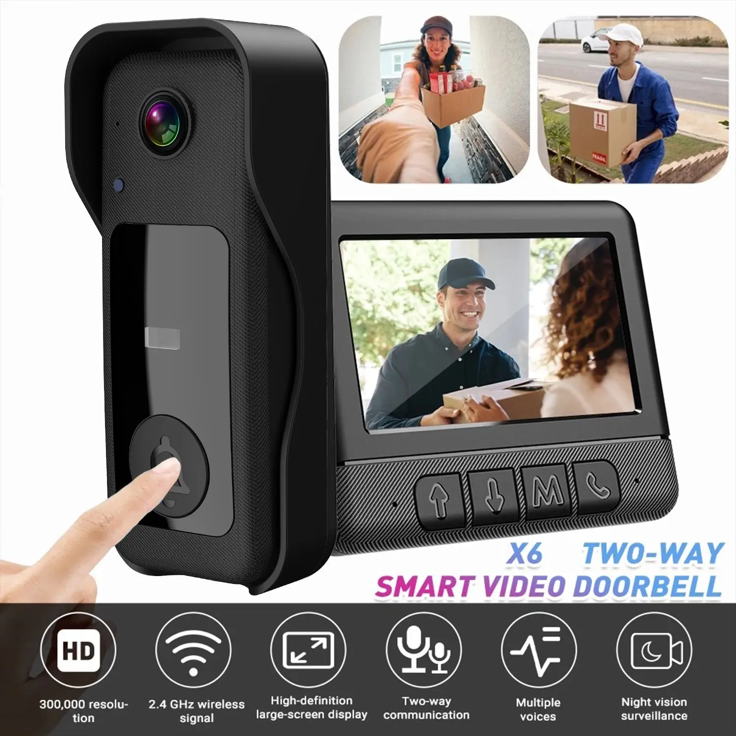 X6 Smart Wireless Video Doorbell, 4.3 Inch Color Screen, HD Video Intercom Monitor, Long Battery Life, No Network Needed, Supports Video Call