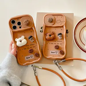 [Jy] Applicable to Apple 16ProMax sliding window mobile phone case iPhone15Pro cute brown three-dimensional coffee bear bracelet Protective Phone Cover