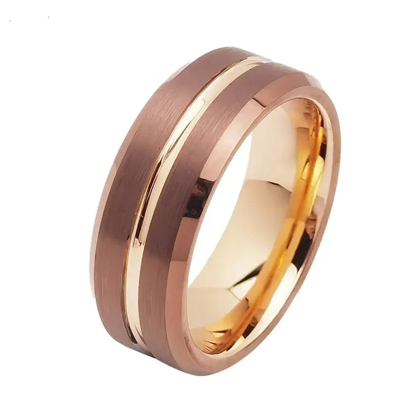Tigrade 8mm Tungsten Rose Gold Brushed / Gold Inner & Grooved Center