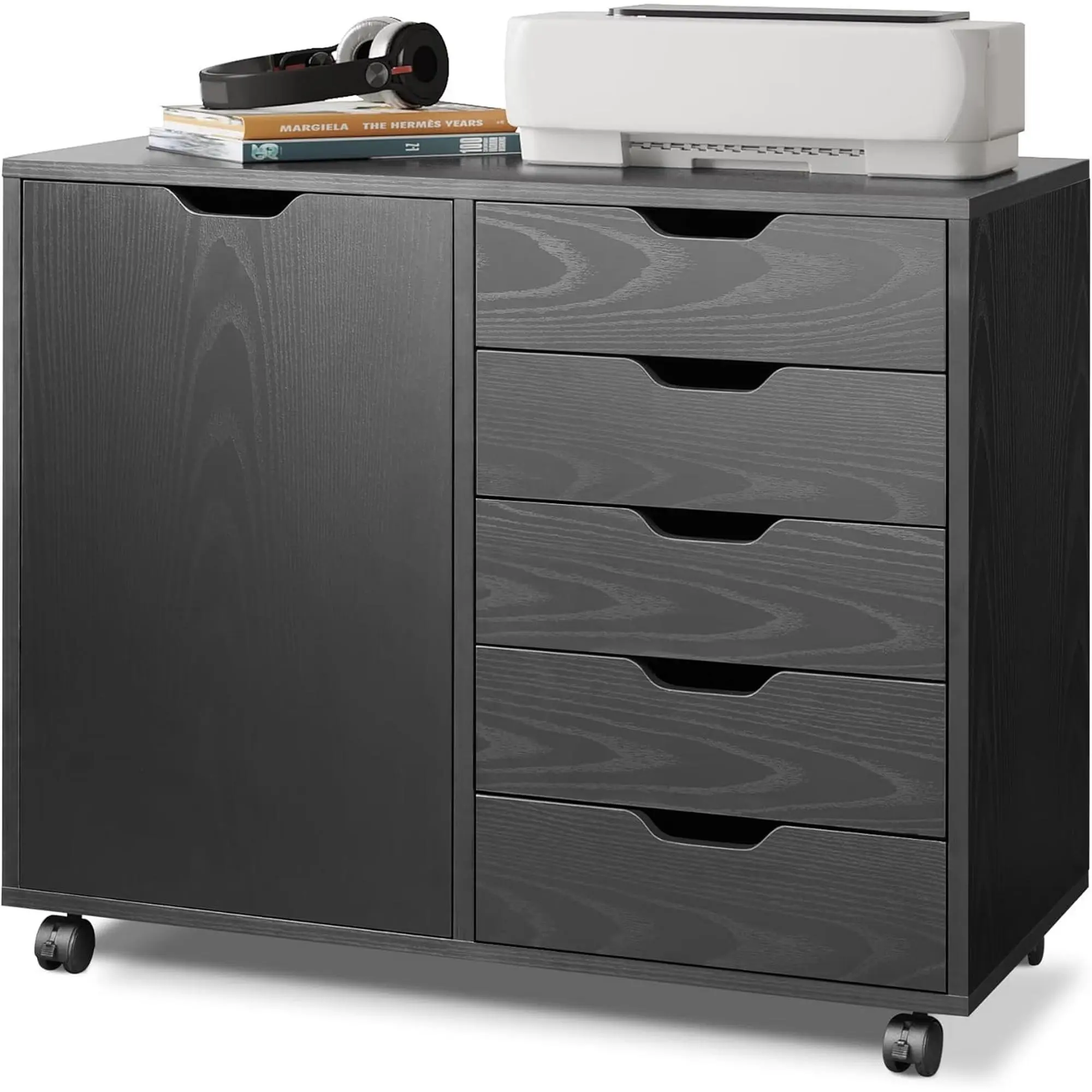 5-Layer Wooden Filing Cabinet with Adjustable Shelves & Lockable Wheels, Multi-Functional Home Office Storage Cabinet with Drawers and Open Compartments for Documents, Books and Office Supplies