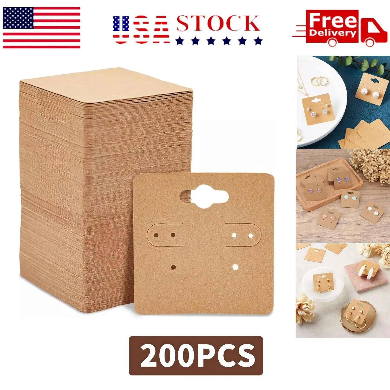 200 Pack Earring Display Cards Holder for Selling Jewelry Ear Studs Kraft 2"x2"