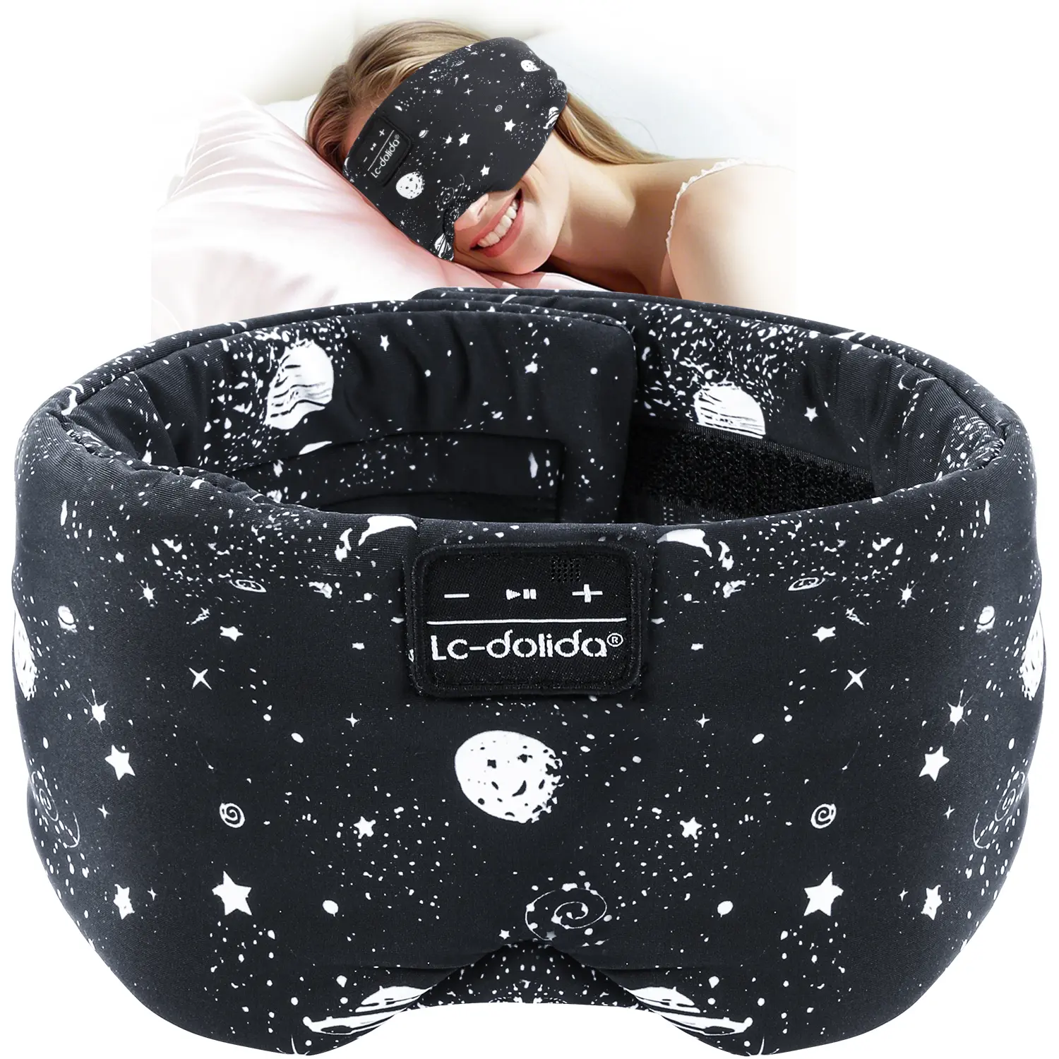 LC-dolida 3D Bluetooth Sleep Mask Headband, Star Print Wireless Sleep Headphones with Ultra-Thin Stereo Speakers, Soft Adjustable Smart Fabric Sleep Aid Eye Mask, Portable Headband for Side Sleepers Travel Yoga Meditation