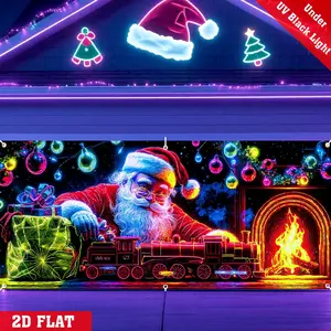 2D flat Christmas Garage Door Cover Banner, UV Activated, Glows In The Dark, Santa Claus Packs Toys, Oversized Polyester Decoration, Suitable For Outdoor/Indoor Parties, Holiday Wall Hanging, Yard Sign Banner