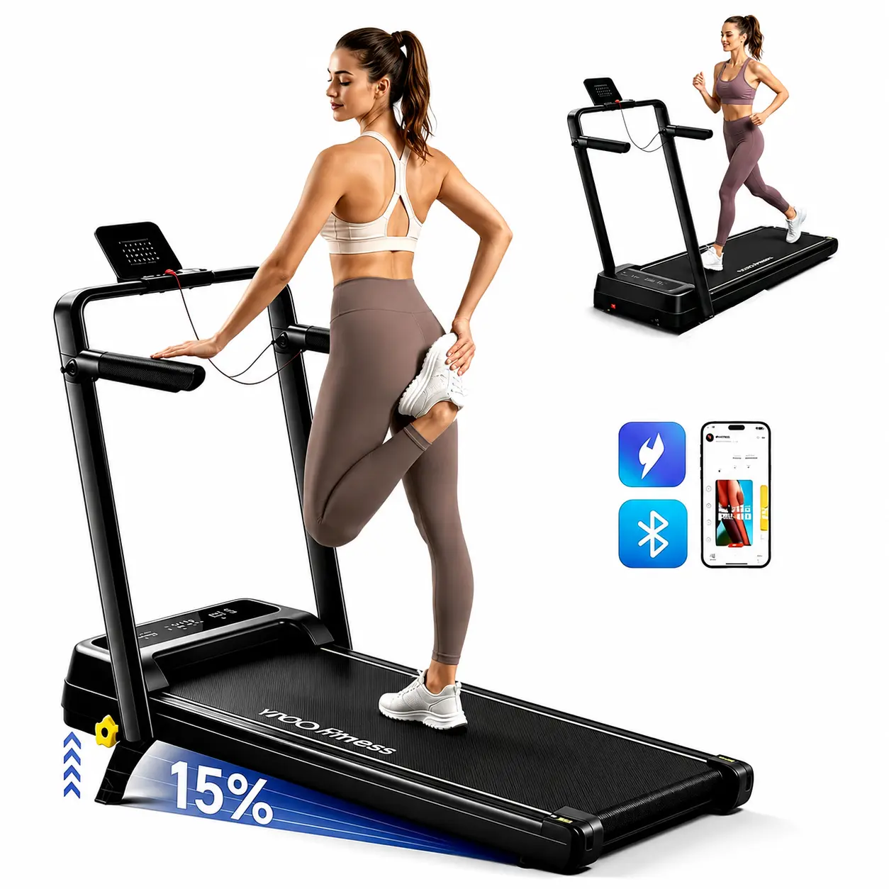 YPOO Compact Portable Quiet Folding Incline Walking Treadmill - Walking Pad, Walkable Treadmill, Steel Frame, Handrails, 15% Incline, Low-Impact Cardio/Warm-Ups, Glutes/Legs Targeting, Indoor Daily Steps (Mother’s Day Gift), Portable Treadmill