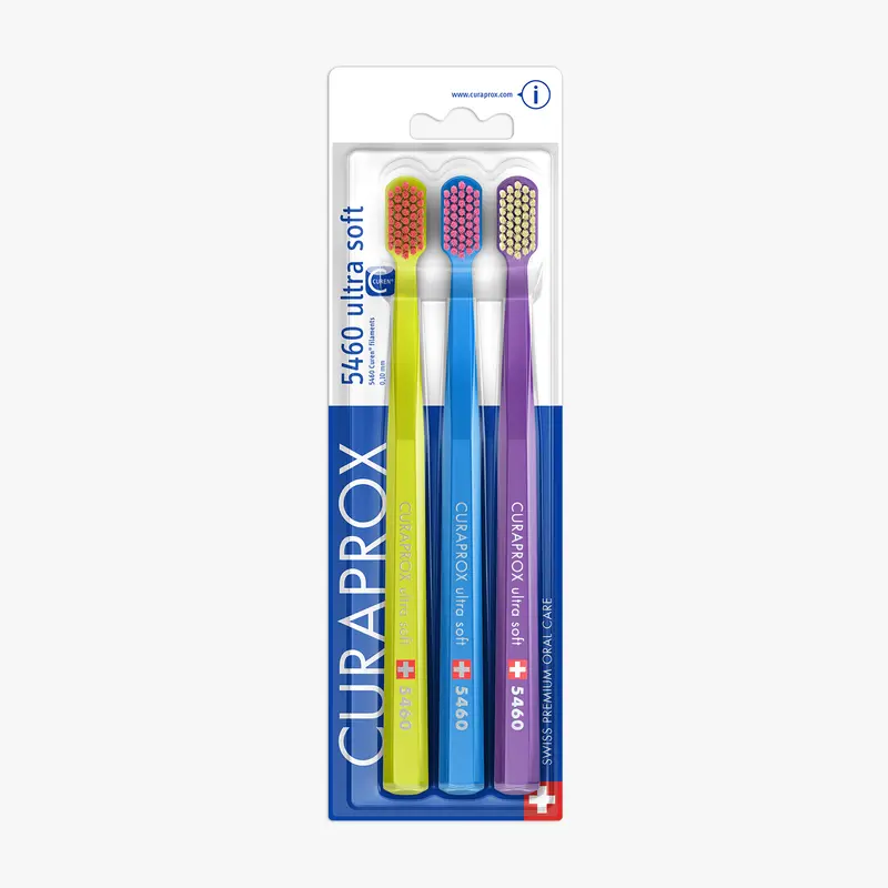 CURAPROX CS 5460 Ultra Soft Toothbrush, Three Pack, Gentle Clean with 5460 Curen Filaments, Compact Head, Vibrant Color Variations, BPA-Free Oral Cleanser