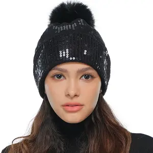 C.C All Over Clear Sequin Pom Beanie for Women – Sparkling Knit Hat with Fluffy Pom, Chic Winter Fashion Statement Women's Faux Fur Pom Beanie