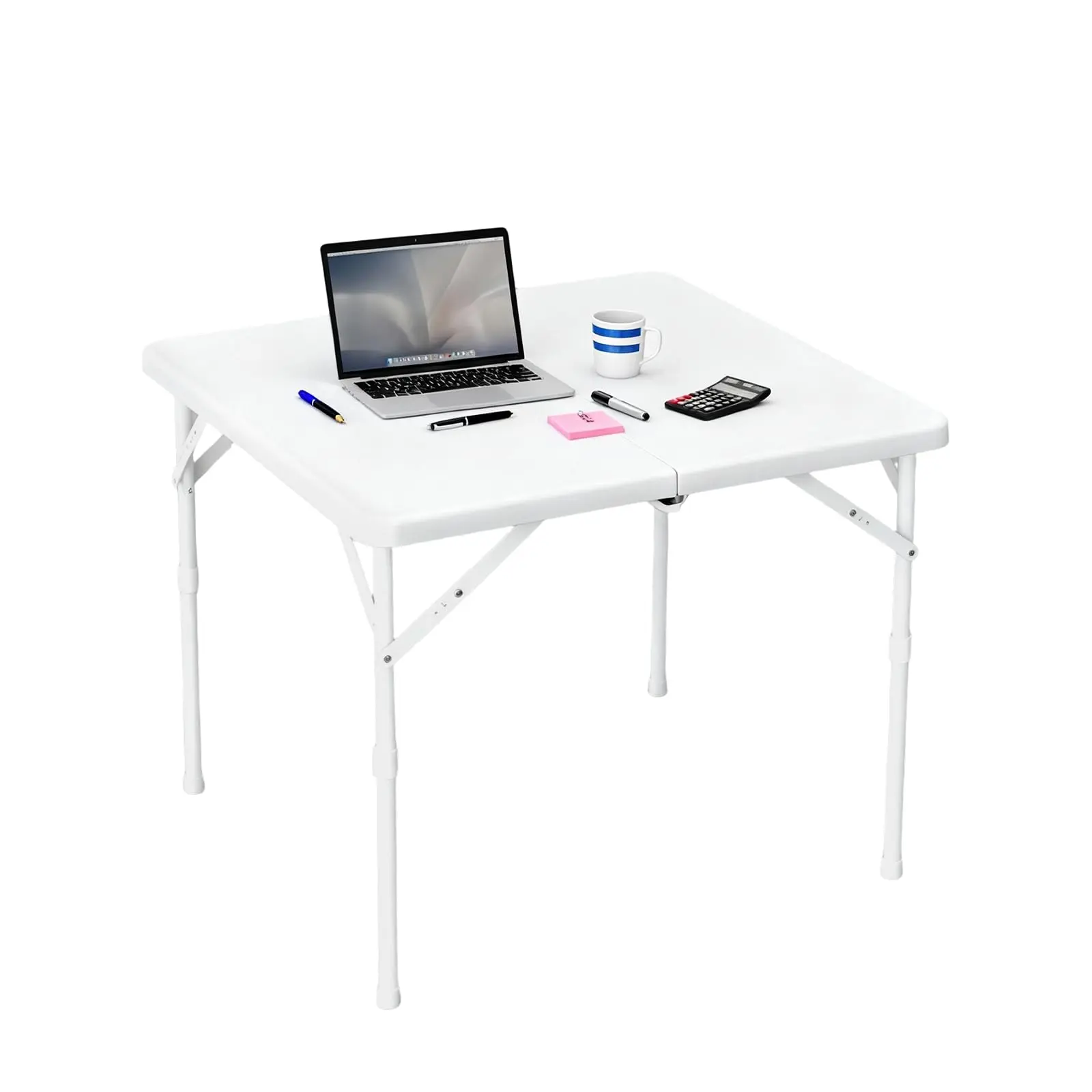 Garvee 34" Portable Folding Table - Square Plastic Fold-in-Half Utility Table with Collapsible Legs and Carry Handle, Ideal for Camping, Picnic, Office, Party, and Dining Use in White