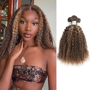ALHER Honey Blonde Highlight #P4/27 Kinky Curly 3 Bundles, 12A 100% Unprocessed Brazilian Human Hair Weft Extensions for Black Women #Summervibes