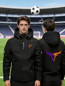 Men's Casual Jacket Outerwear, Bull Head Dual Color Print, Outdoor Sports Hiking Fishing, Loose-Fitting Spring & Fall