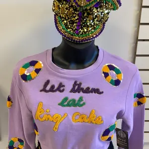 Let Them Eat King Cake Crop - Purple Long Sleeve Top with Letter Print and Mardi Gras king cake