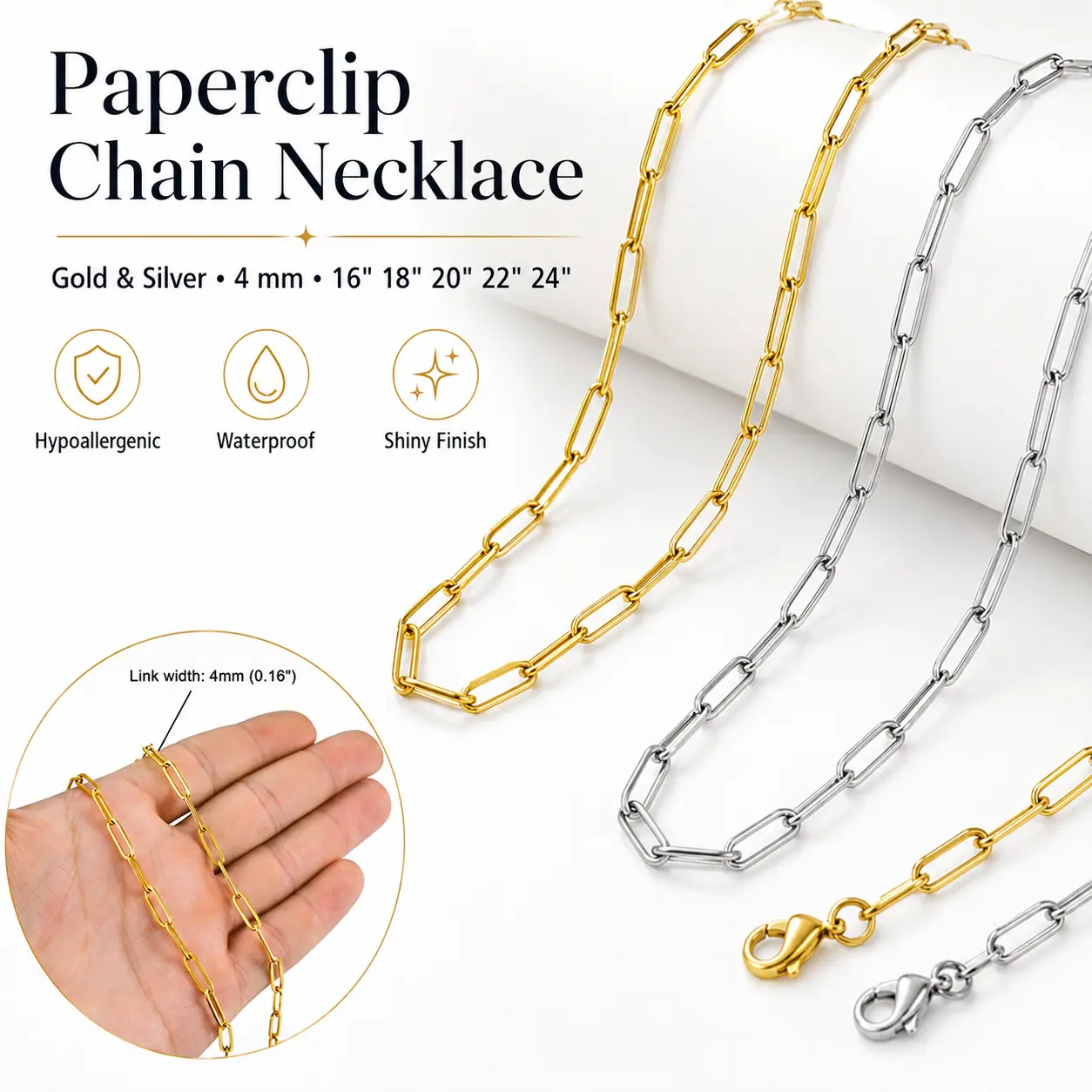 Gold Necklace for Women - Minimalist Paperclip Chain Layering Jewelry, Hypoallergenic and Waterproof, Adjustable 16-24 Inch with Polished Finish, Gold Necklace Women, Adjustable Elegant Chain, Dainty Chain
