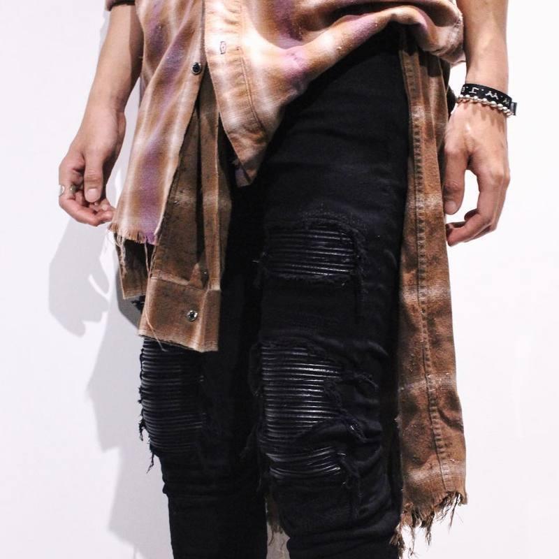 High Street Ripped Black Slim Fit Skinny Jeans for Men with Leather Patch and Stretch Men's Long Pants