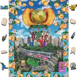 FIFA World Cup 2026 City Puzzle Atlanta Poster - Wooden Puzzle for Adult, 200 Pieces Irregular Shape Puzzle, 5MM Thick, Creative Collectible Gift for Fans, Officially Licensed Product, 9.3x11.8''