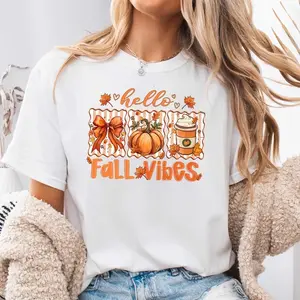 Hello Fall Vibes Pumpkin Coffee Print, Neck Drop Shoulder T-Shirt, Autumn Season Festival Fashion, Casual Daily Wear
