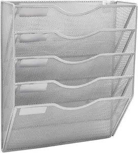 5 Pocket Mesh Hanging Wall File Organizer, Wall Mounted Mail Paper Document Folder Holder, Clipboard Storage Organization Magazine Rack with Nametag Label for Office Home School, Silver