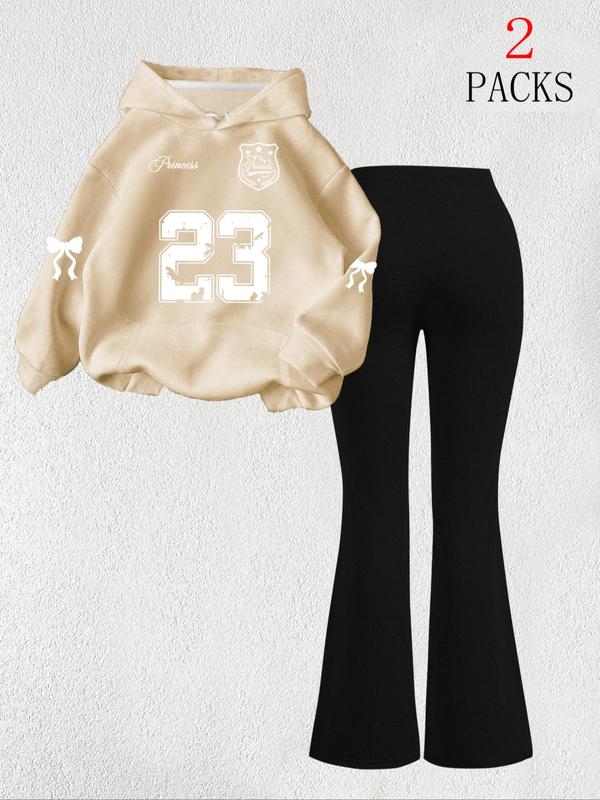 【FREE PERSOMALITY】Women's Warm Sweatshirt Set + Slim Fit Flare Pants, Casual Butterfly Print, Kangaroo Pocket, Fall & Winter