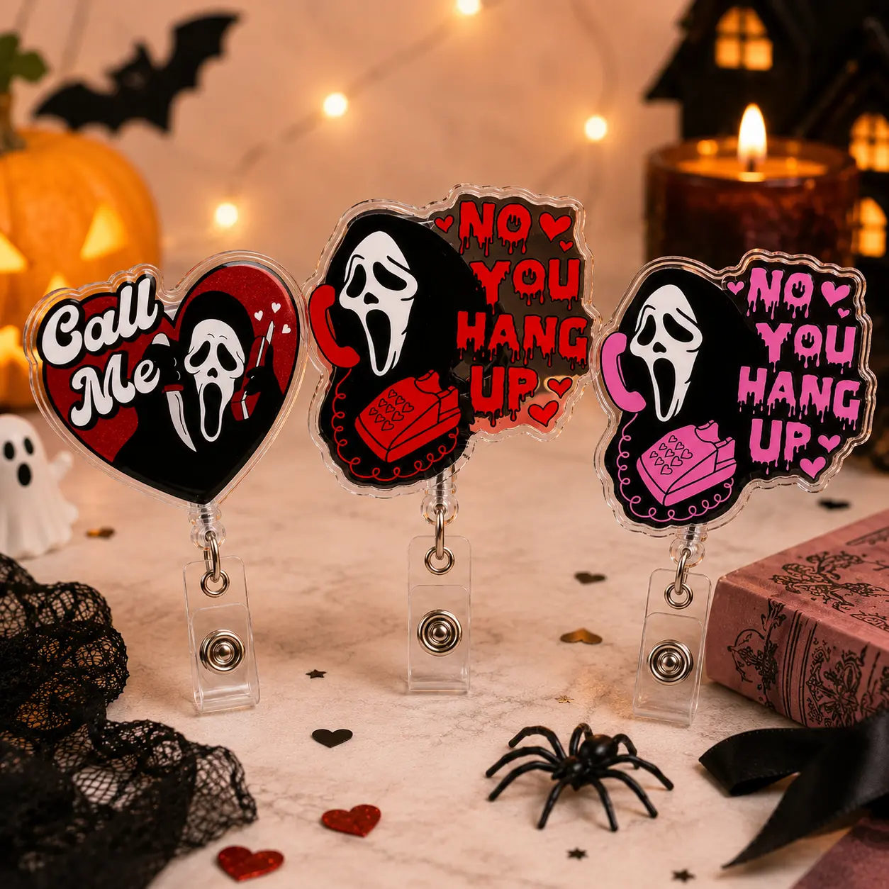 Funny Horror Badge Reel, Spooky Mask Phone Call Retractable Acrylic ID Holder, Halloween Nurse Badge Clip, Cute Gothic Medical Gift