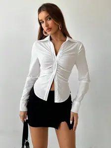 New Office Commute Daily Sharp Collar Pleated Chest Button Stand Collar Single-Breasted Slim Fit Long Sleeve Shirt Blouse