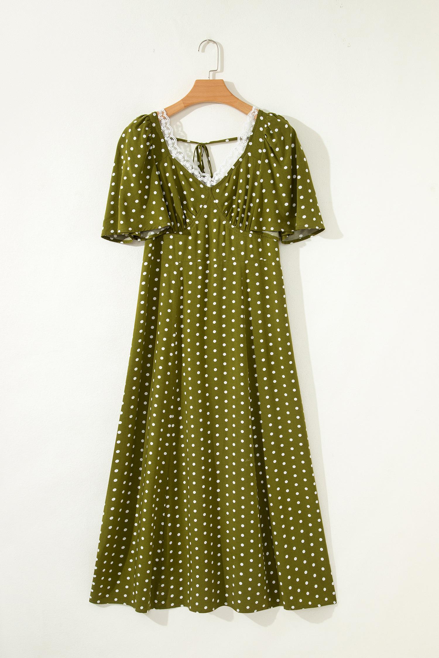 Mntaor Women's Green Polka Dot Maxi Dress with Lace Trim V-Neck Smocked Waist Puff Sleeves & Pockets Perfect for Summer Vacations & Beach Days