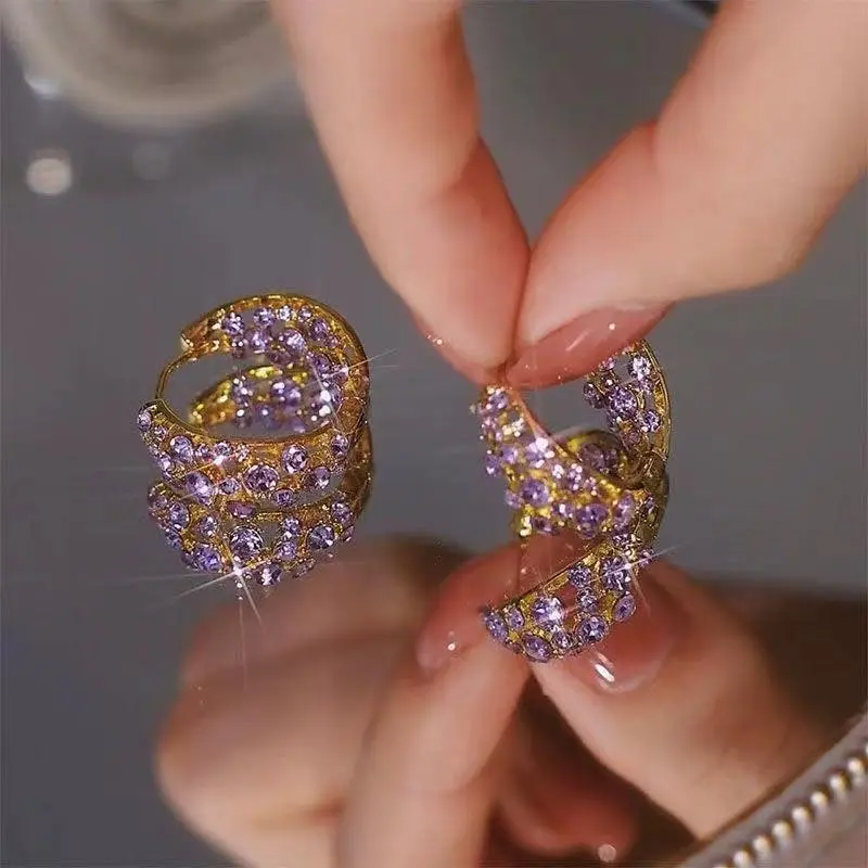 Purple Crystal Hoop Earrings 14K Gold Plated Rhinestone Ear Cuffs Sparkling Vintage Inspired Statement Jewelry for Women Elegant Versatile Earrings
