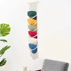 Cotton Macrame Hanging Cap Hanger - Wood Wall-Mounted 6-Hook Boho Hat Organizer for Decoration, Display