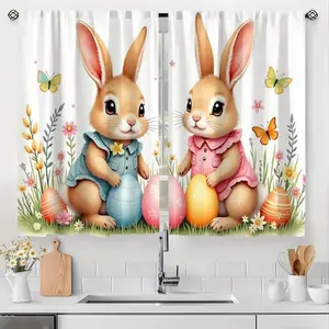 2 Panel 28"X40" Easter Curtains Easter Bunny Theme Kitchen Curtains Easter Decoration Living Room Curtains For Room Decor Curtains For Bedroom Rod Pocket Window Treatment For Office, Study And Small Short Cafe Window, Kitchen, Living Room
