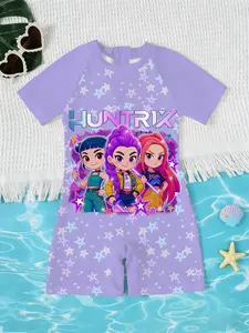 Kpop Demon Hunters Girls' Casual One-Piece Swimsuit, Rash Guard Swimsuits, Slim-Fitting Beachwear, All-Over Print Design, Perfect for Surfing & Water Sports