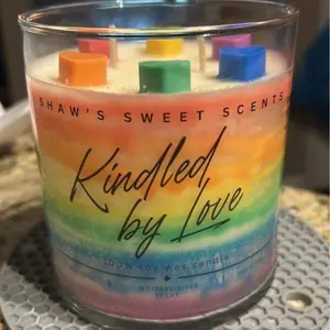Shaw's Sweet Scents Kindled by Love 100% Soy Wax Candle with Colorful Wick Whiskey River Scented Rainbow Design